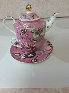 Grace Teaware Gold Rim Pink Peacock Tea Pot, Cup and Saucer - Picture 1 of 6