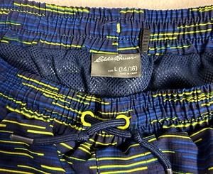 Eddie Bauer Kids Swim Trunks Boy size L 14/16 Blue w/ Yellow Mesh Lining Pockets - Picture 1 of 17