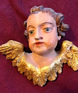 18TH CENTURY WOOD ANGEL CARVING POLYCHROMED FRENCH GILDING STRASBOURG - Picture 1 of 5