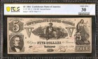 1861 BILLET DE 5 $ ÉTATS CONFÉDÉRÉS MONNAIE BILLET GUERRE CIVILE PAPIER-MONNAIE T-37 PCGS 30