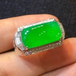 Vintage Unique Fancy Natural Green Jade Emerald Cut Men's Ring Silver925 - Picture 1 of 3