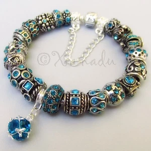 Genuine Sterling Silver Pandora Bracelet w December Birthstone Blue Zircon Beads - Picture 1 of 9
