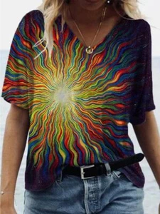 Blouse Women T Shirt Abstract Sun Pattern Fashion Loose Short Sleeve V Neck Tops - Picture 1 of 1