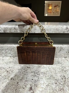 Vintage 50s MCM Brown Alligator Box Purse Small Mid Century Modern Chain Strap - Picture 1 of 10