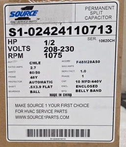 S1-02424110713 CONDENSER MOTOR SOURCE 1 HP 1/2 VOLTS 208-230 RPM 1075 CWLE NEW - Picture 1 of 6