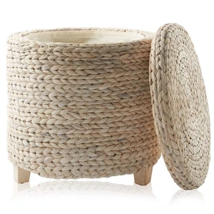OPEN BOX - Round Storage Ottoman Footrest, Woven Hyacinth Footstool Basket w - Picture 1 of 7