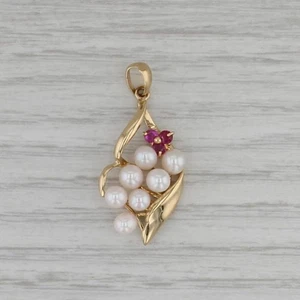 Cultured Pearl Ruby Cluster Pendant 18k Yellow Gold - Picture 1 of 6