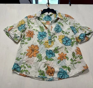 Cathy Daniels Women’s Floral Button Blouse XL 100% Cotton Textured Dot White Top - Picture 1 of 7