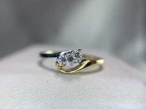 10k Yellow White Gold Natural Round Diamond Three Stone Small By-Pass Ring - Picture 1 of 5