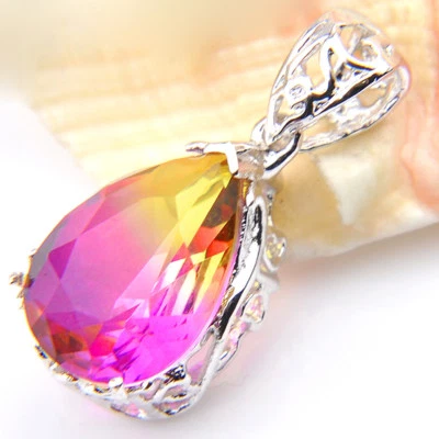 Pingentes de colar de gota de prata turmalina bicolor rosa doce com corrente - Imagem 1 de 4