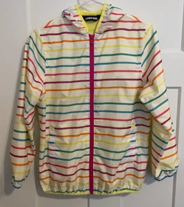 LANDS END Girls Rain JACKET Hooded YELLOW Pink STRIPED Packable Size L 10.12 - Picture 1 of 5