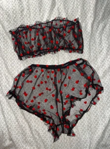 Sexy Black Mesh Velvet Hearts Red Strapless Top Ruffle Trim Shorts Lingerie Set - Picture 1 of 8