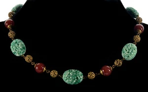ANTIKE TSCHECHISCHE ART DECO KARNELIAN UND JADEGLAS MESSING HALSKETTE C.1920 - Bild 1 von 2