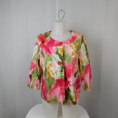Erin London 3/4 Sleeve Round Neck Watercolor Floral Button-Down Jacket, XL #6823 - Image 1 of 4