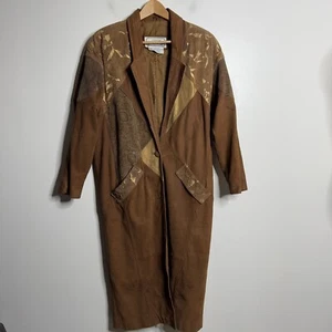 Womens Leather Jacket Size Small Brown Belted Trench Spy Coat Button Up Vintage - Picture 1 of 9