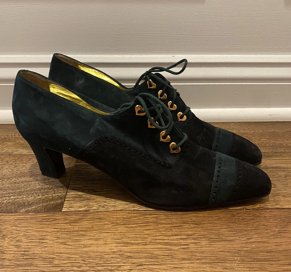 ESCADA Suede Lace Up High Heels Sz 11 AA Black Green - Image 1 of 4