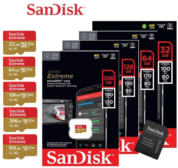 SanDisk Extreme 32Go 64Go 128Go 256Go MicroSD Cartes Mémoire Flash V30 U3 4K FR - Image 1 of 1