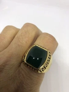 Vintage Golden Stainless Steel Genuine Green Chrysoprase Size 12 Men's Ring - Picture 1 of 6