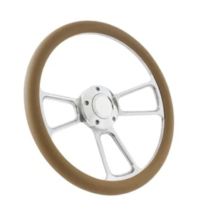 14" Polished Billet Steering Wheel w/ Tan Wrap & Plain Horn Button - Picture 1 of 5