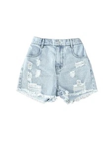 Girl's Ripped Raw Hem Elastic Waist Straight Leg Denim Shorts with Pockets Li... - Picture 1 of 5