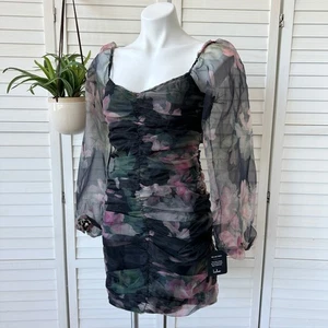 New Lulus Midnight Mirage Dress Floral Puff Sleeve Bodycon Ruched Mini Size M - Picture 1 of 11