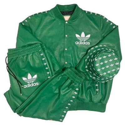 Adidas Green Leather Tracksuit Set Jacket Pants & Hat Trefoil Logo Streetwear - Image 1 of 4