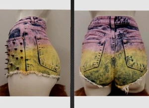 TOPSHOP Studded Tie Dye Ombre Denim High Waist Cheeky Hot Moto Rock Shorts! W26 - Picture 1 of 11