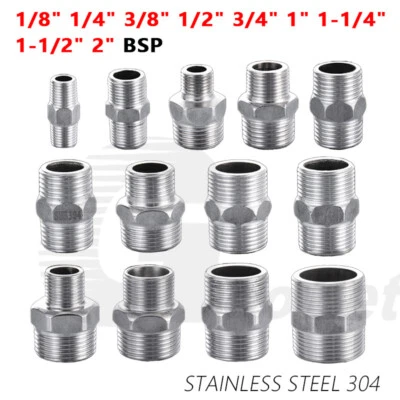 304 Stainless Steel Hex Nipple Adapter 1/8" to 2" BSP Male Thread Pipe Fittings - Image 1 of 4