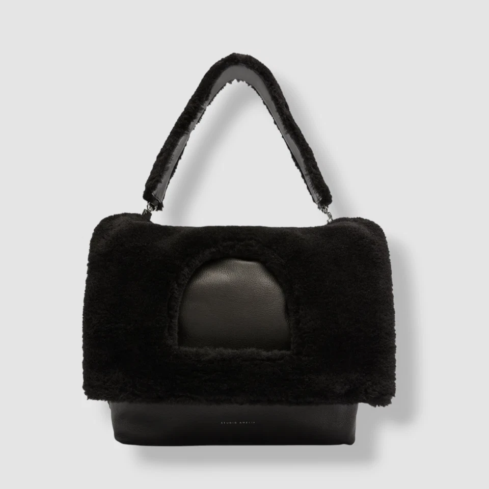 Studio Amelia Women's Black Monument Faux Fur Top Handle Leather Tote Bag