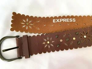 EXPRESS Brown Leather Wide FLORAL CUT OUT FLOWER BELT w/STUDS CRYSTALS Studdded - Picture 1 of 8