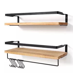 2Pcs Wooden Floating Wall Shelves Display Unit Storage Decor Rustic Home Office - Picture 1 of 14
