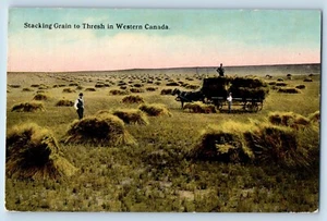 Postal del oeste de Canadá apilable grano a trilla granja heno caballo vagón década de 1930 - Imagen 1 de 2