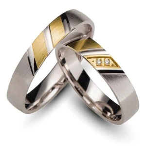 1 Paar Trauringe 585 Gold Weiss Gelbgold Brillant 0,02 ct Eheringe Gravur +Etui - Bild 1 von 4