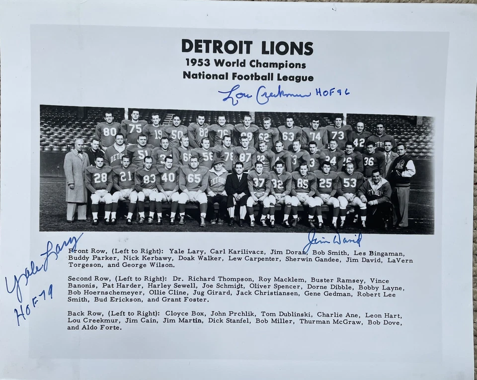 1953 World Champs Detroit Lions 8x10 team photo Autographed by 3 Yale Lary COA - Image 1 of 1