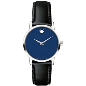 Movado Museum Women's Blue Dial Black Leather Band Watch - 0607318 New - Picture 1 of 4
