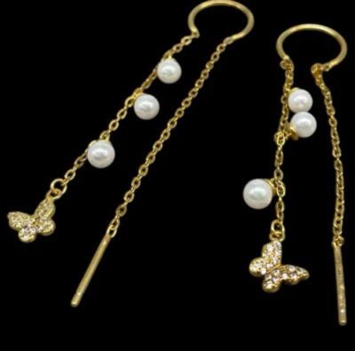 ORECCHINI ARGENTO 925 DONNA COLOR ORO PENDENTI CATENINA FARFALLE E PERLE FIRMATI - Immagine 1 di 4