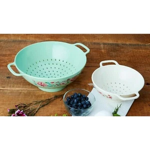 Pioneer Woman Garden Party Kitchen Colander 2-Pc Floral Plastic White Green NEW - Picture 1 of 7