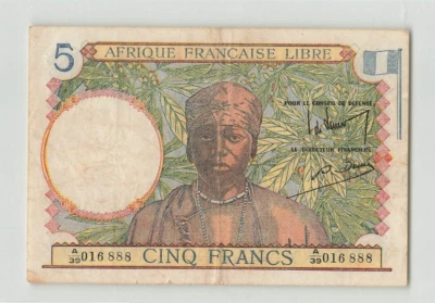 FRENCH EQUATORIAL AFRICA 5 Francs 1941, P-6 Free French Africa, Original VF.  B9 - Image 1 of 2