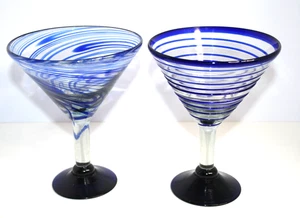 Cobalt Blue Swirl Mexican Margarita Martini Glasses Set Of 2 Handblown 7" Tall - Picture 1 of 7