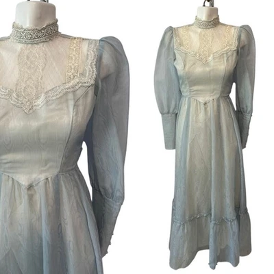 Vtg 70s Gunne Sax Pastel Blue Mutton Sleeve Illusion Neckline Prairie Dress Sz 5 - Image 1 of 4