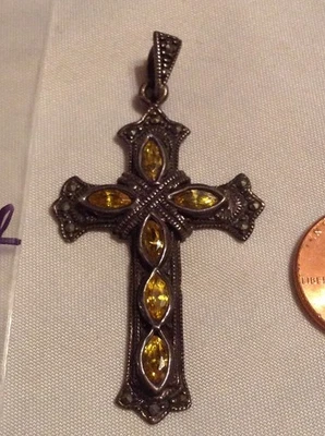 COLGANTE CRUZ CITRINO MARCASITA PLATA ESTERLINA VINTAGE 6,1 GRAMOS Foto 1 de 4