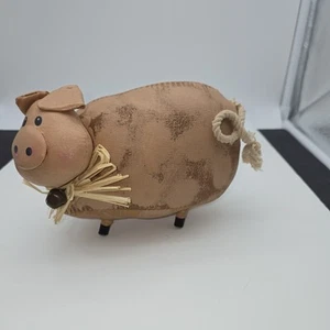 Vintage Rustic Primitive Stuffed Pig Canvas Fabric Piglet w/Bell 7.5" x 5" - Picture 1 of 10