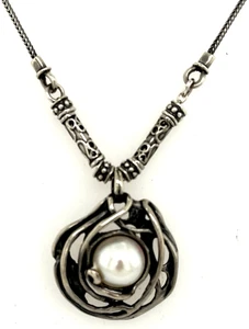 Sterling Silver 925 Israel Didea 10MM Pearl Solitaire Pendant Designer 16" Chain - Picture 1 of 5