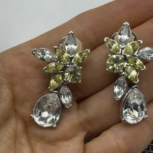 Nolan Miller Lemon Yellow Clear Rhinestone Silver Tone Clip On Earrings Vtg - Picture 1 of 11