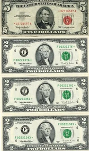 1963 $5 US STAR NOTE & 3 PC. 1995 $2 CU  FRN ALL STAR NOTES! - Picture 1 of 2