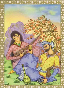 ANCIENT PERSIAN LOVERS WINE BOTTLE & WOMAN PLAYING SETAR-1947 Color Illustration - Picture 1 of 3