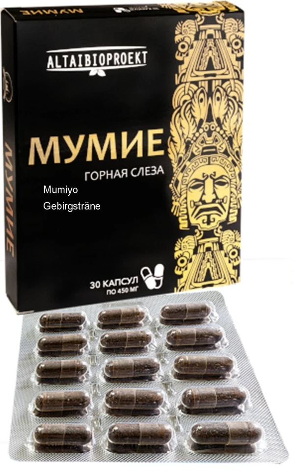 OOO "ALTAIBIOPROEKT" Mumijo Shilajit Мумиё 30 cápsulas cada 450 mg, montañas de Altai, sin aditivos