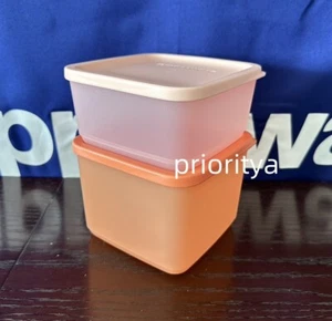 Tupperware Basic hell eckig 1L & 650ml Behälter 2er Set Aprikose Pfirsich Neu - Bild 1 von 3