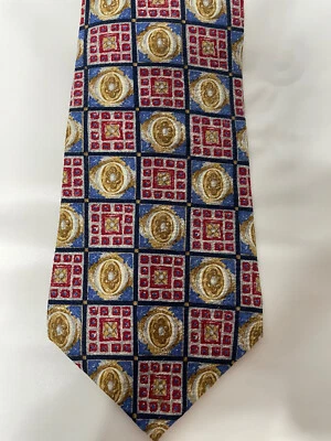 Paul Fredrick Neck Tie Check Blue Red Gold 100% Italian Silk 58” X 4” - Image 1 of 4