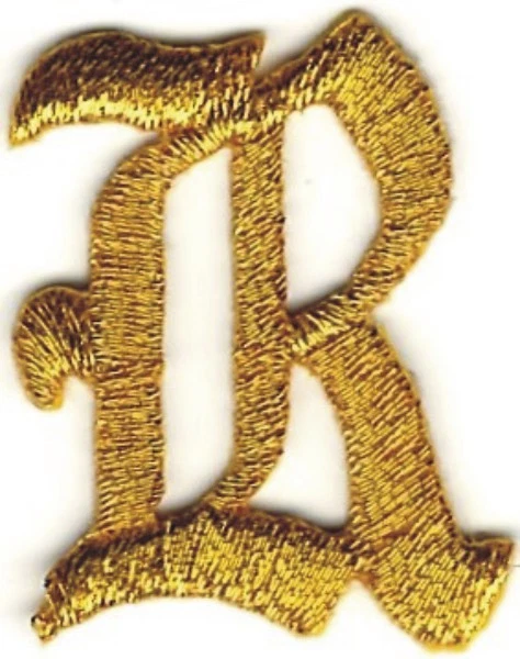 1 1/8" Fancy Metallic Gold Old English Alphabet Letter R Embroidered Patch - Image 1 of 1